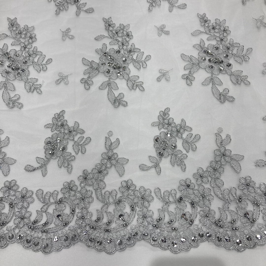 Beaded & Corded Bridal Lace Fabric Embroidered on 100% Polyester Net Mesh | Lace USA - 91436W-BP