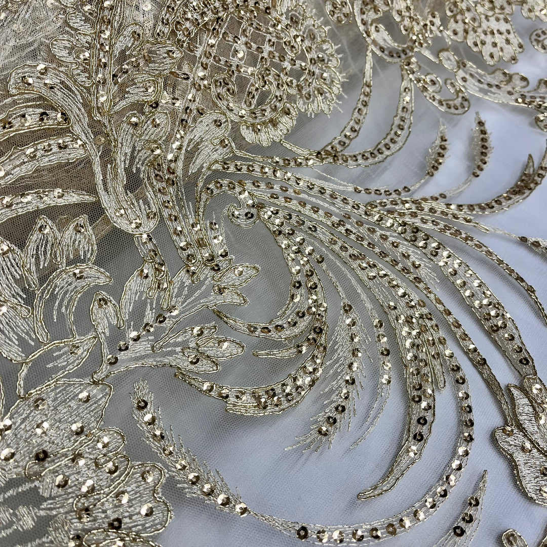 Beaded & Corded Bridal Lace Fabric Embroidered on 100% Polyester Net Mesh | Lace USA