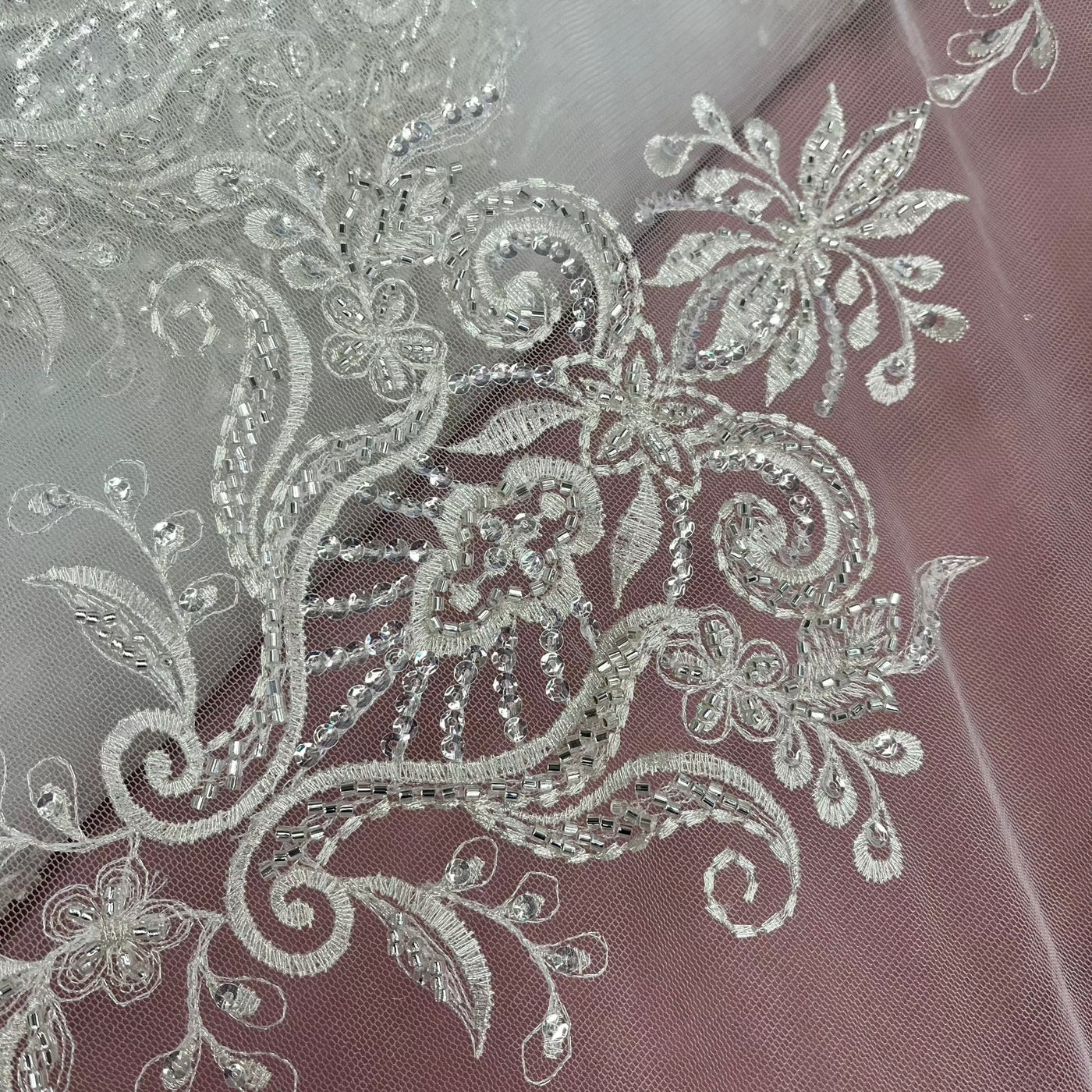 Beaded Lace Fabric Embroidered on 100% Polyester Net Mesh | Lace USA - GD-12186 Ivory with Silver