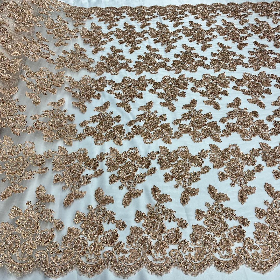 Embroidered & Corded Gold Net Mesh Fabric with Sequin & Beads. Sold by the yard Lace Usa