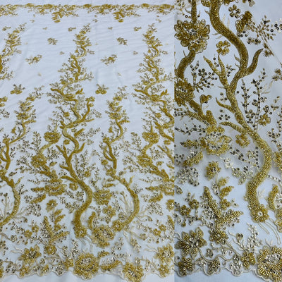 Beaded & Corded Gold Bridal Lace Fabric Embroidered on 100% Polyester Net Mesh | Lace USA