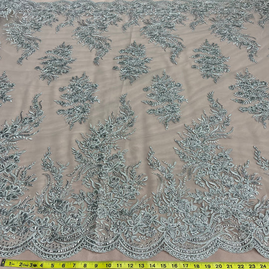 Beaded & Corded Bridal Lace Fabric Embroidered on 100% Polyester Net Mesh | Lace USA