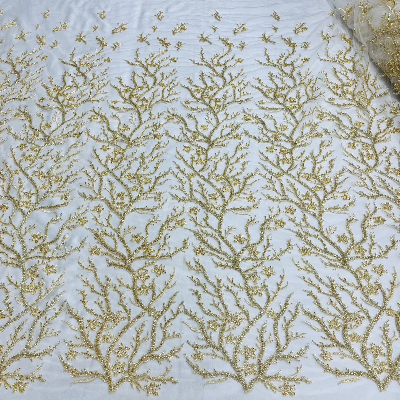 Beaded Lace Fabric Embroidered With Fuzzy Thread on 100% Polyester Net Mesh | Lace USA - GD-12263 Gold