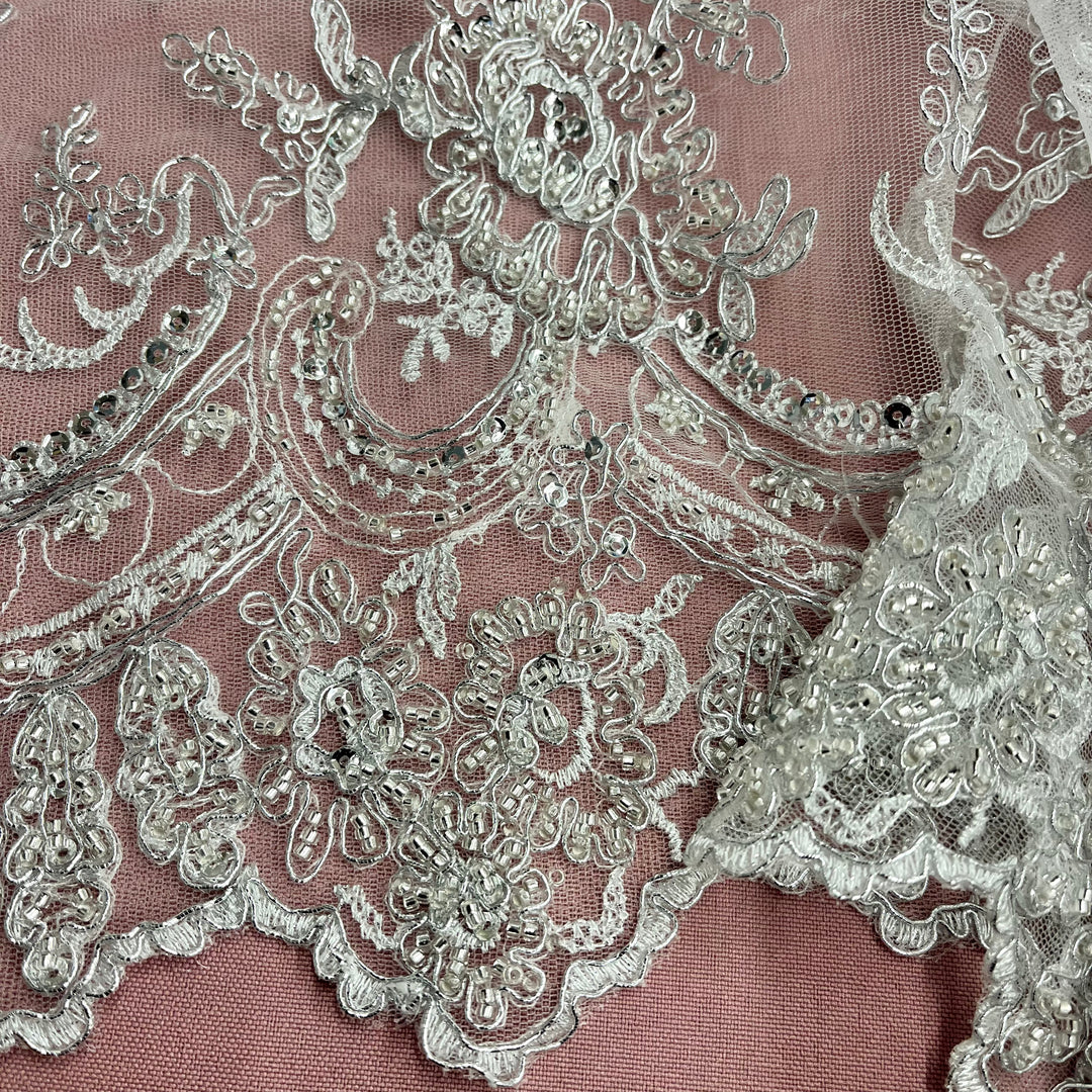 Beaded & Corded Bridal Fabric Lace Embroidered on 100% Polyester Net Mesh | Lace USA