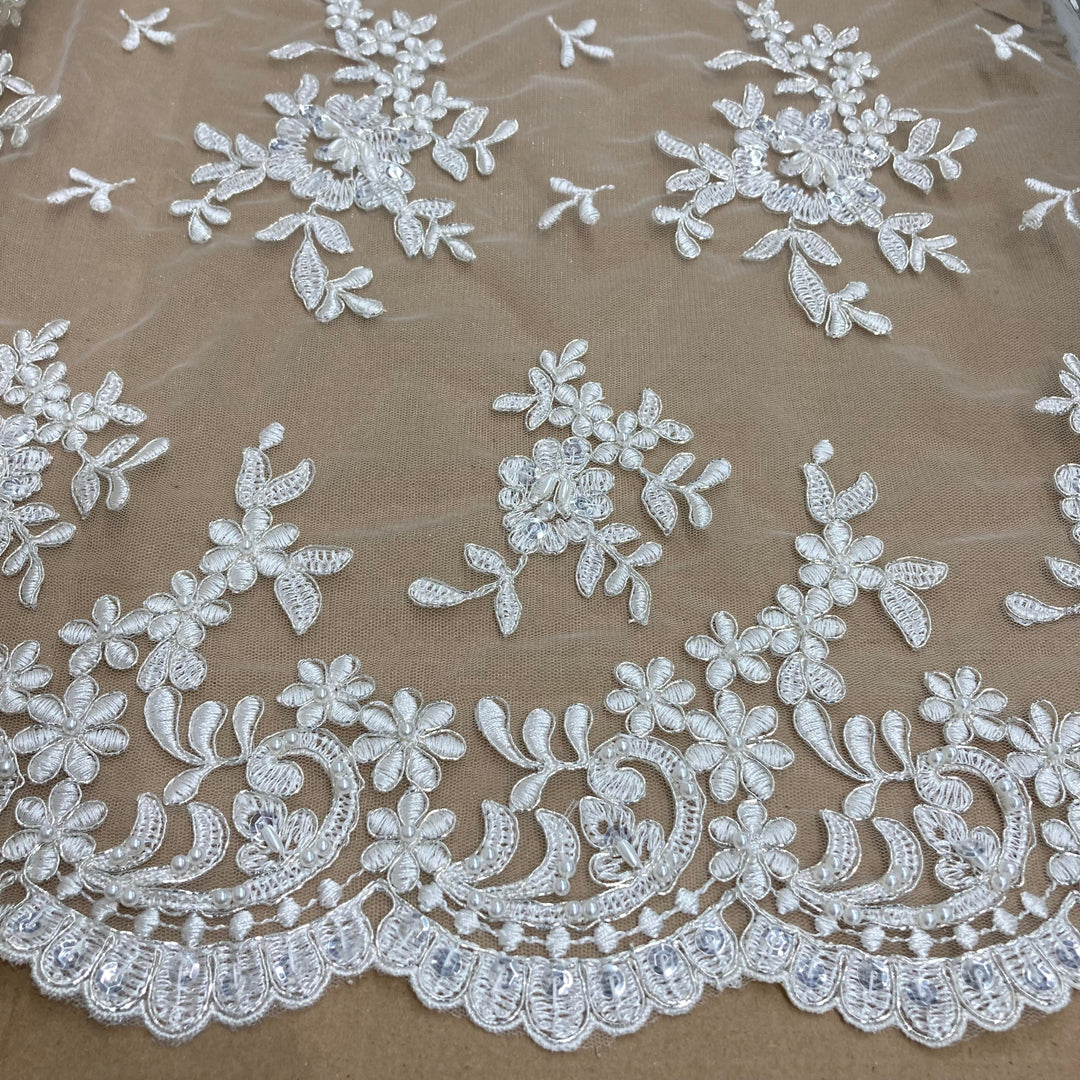 Beaded & Corded Bridal Lace Fabric Embroidered on 100% Polyester Net Mesh | Lace USA - 91436W-BP