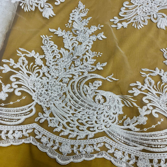 Beaded & Corded Bridal Lace Fabric Embroidered on 100% Polyester Net Mesh | Lace USA 