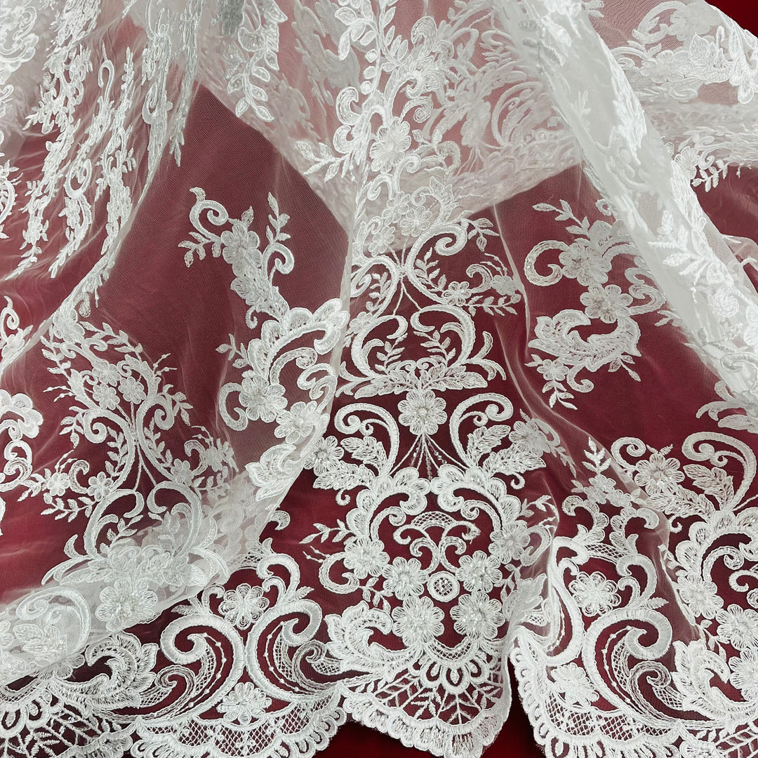 97213W-SB-Beaded & Corded Bridal Fabric Lace Embroidered on 100% Polyester Net Mesh | Lace USA