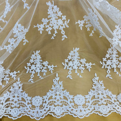 Beaded & Corded Bridal Lace Fabric Embroidered on 100% Polyester Net Mesh | Lace USA - 95247W-BP