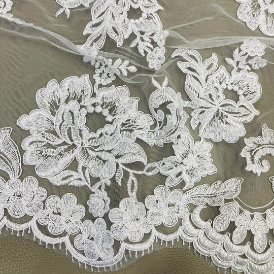 Double Sided Floral Lace Trimming Corded Embroidered on 100% Poly. Net Mesh | Lace USA