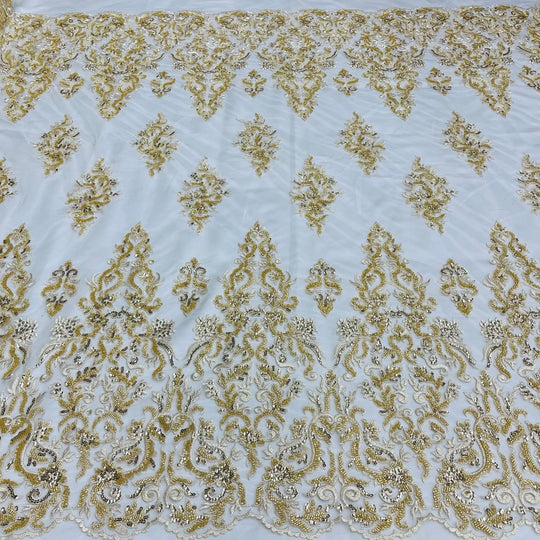 Beaded & Sequined Lace Fabric Embroidered on 100% Polyester Net Mesh | Lace USA - GD-13314 Gold