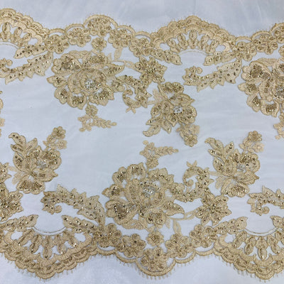 Double Sided Beaded Floral Lace Trimming Corded Embroidered on 100% Poly. Net Mesh | Lace USA