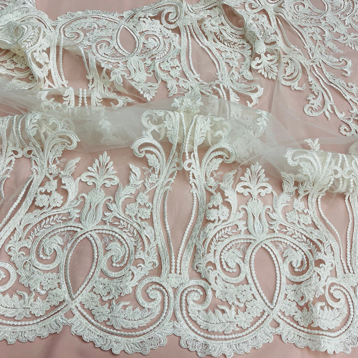 Beaded & Corded Bridal Lace Fabric Embroidered on 100% Polyester Net Mesh | Lace USA