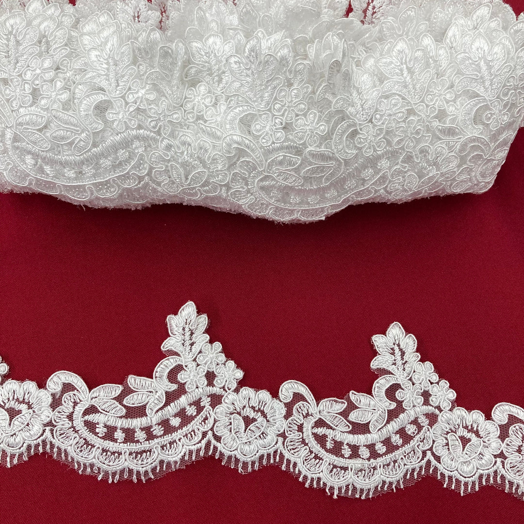 Corded Lace Trimming Embroidered on Poly. Net Mesh. Lace USA