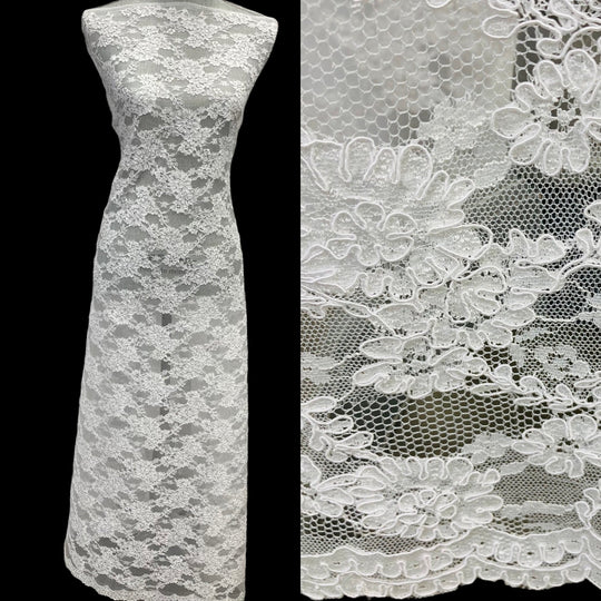 Corded Bridal Lace Fabric Embroidered on 100% Polyester Net Mesh | Lace USA