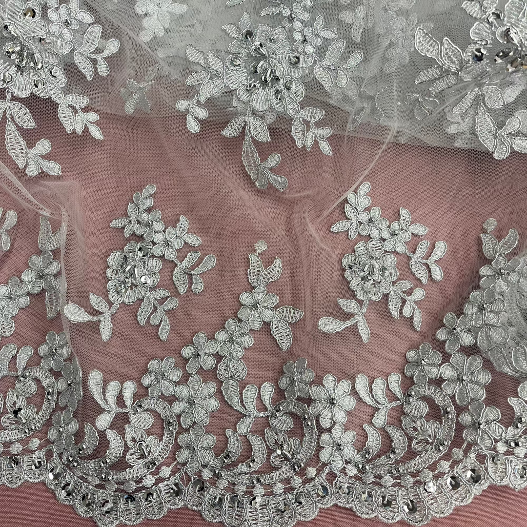 Beaded & Corded Bridal Lace Fabric Embroidered on 100% Polyester Net Mesh | Lace USA - 91436W-BP