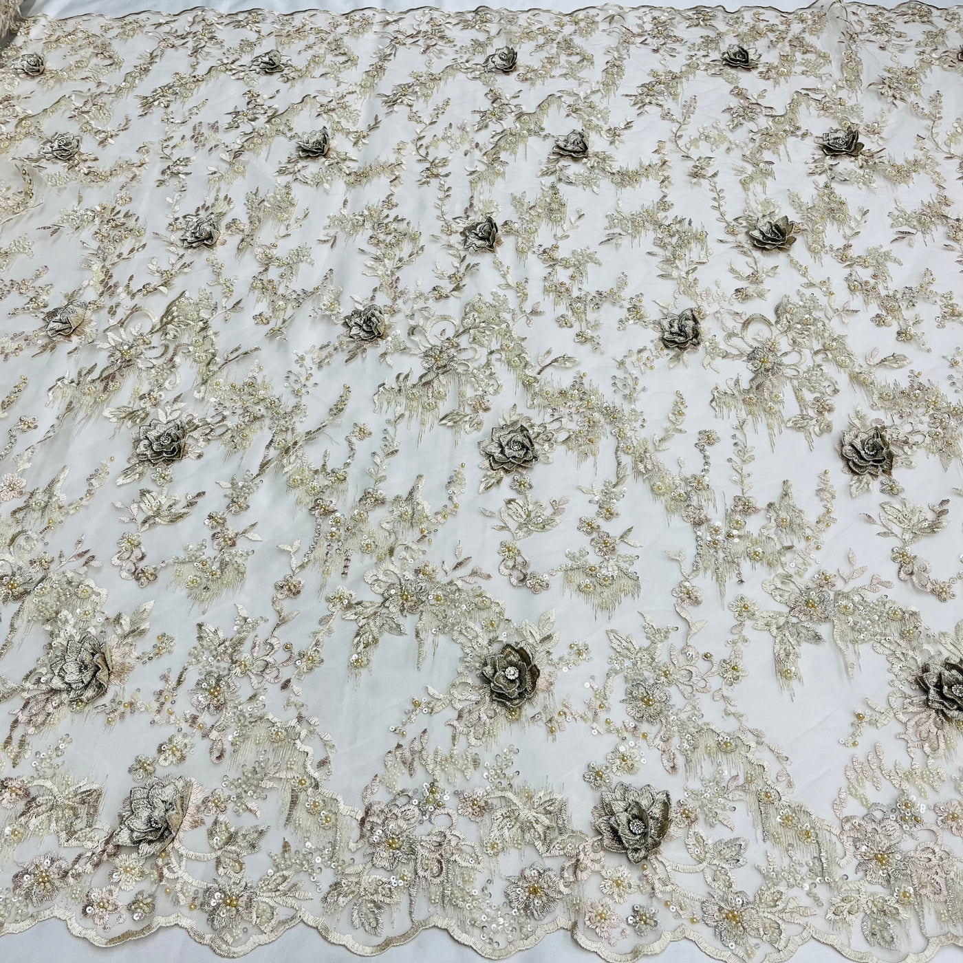 Beaded & Rhinestone 3D Floral Lace Fabric Embroidered on 100% Polyester Net Mesh | Lace USA