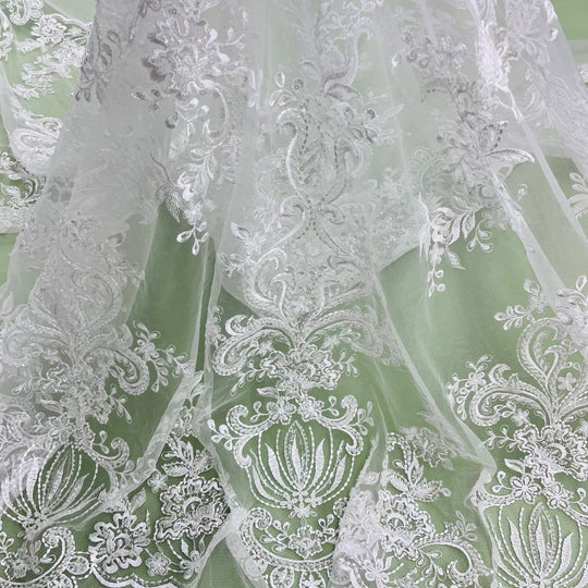 Beaded Lace Fabric Embroidered on 100% Polyester Net Mesh | Lace USA - GD-12186 Ivory