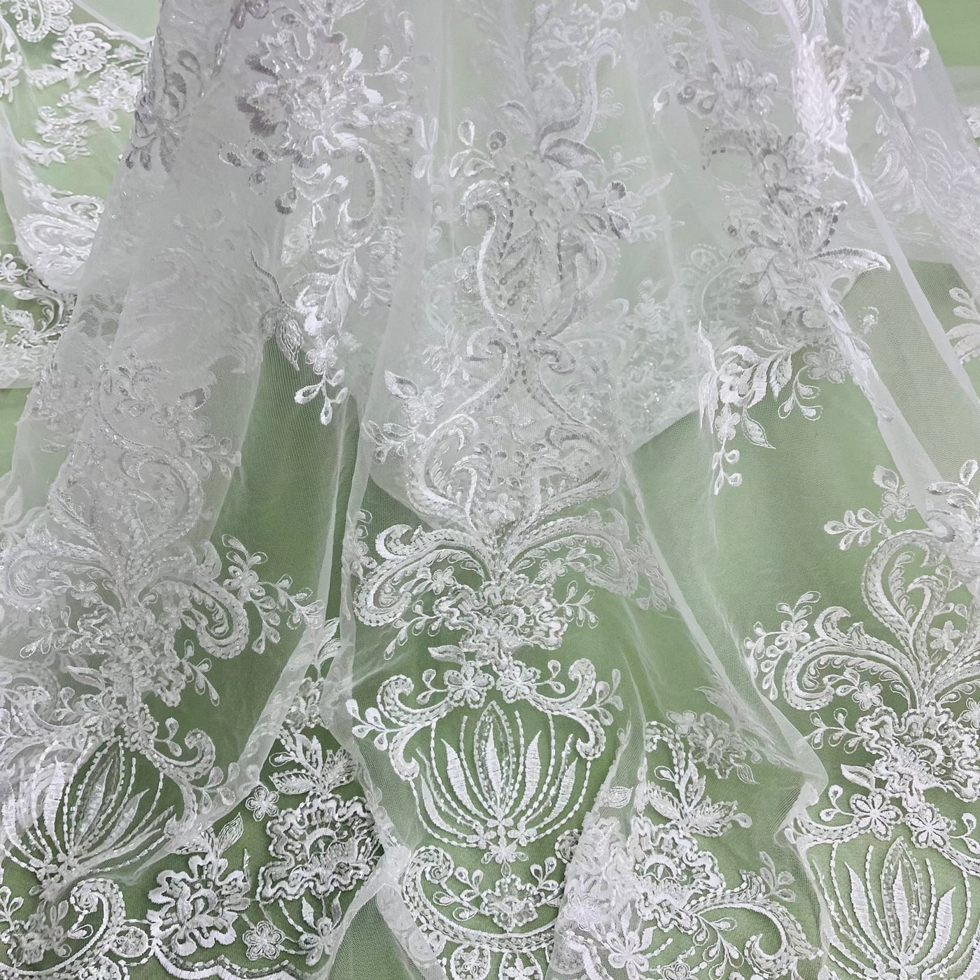 Beaded Lace Fabric Embroidered on 100% Polyester Net Mesh | Lace USA - GD-12186 Ivory