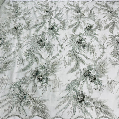 Beaded & Rhinestone 3D Floral Lace Fabric Embroidered on 100% Polyester Net Mesh | Lace USA