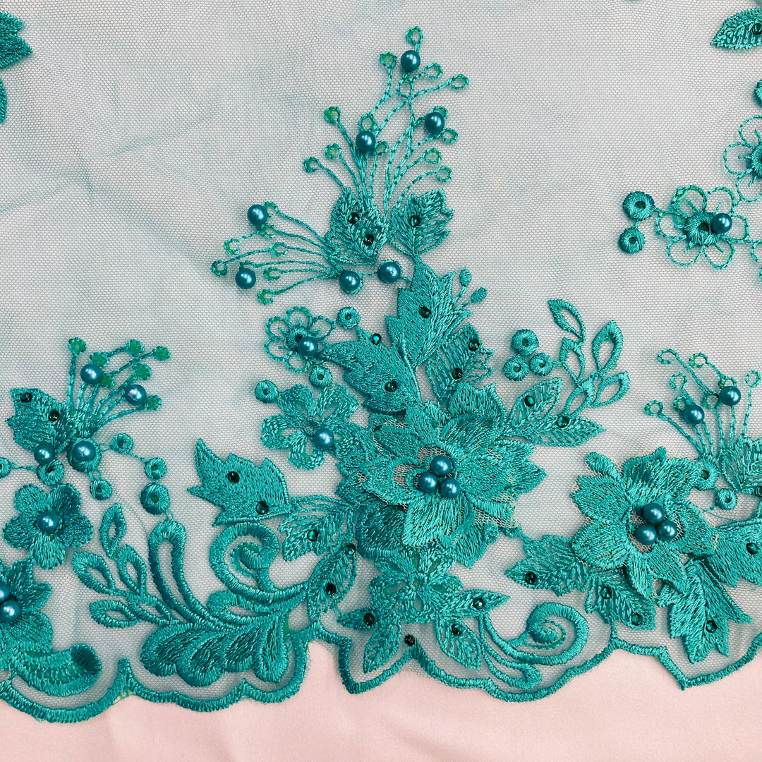 3D Floral Embroidered & Beaded Net Fabric. Lace USA