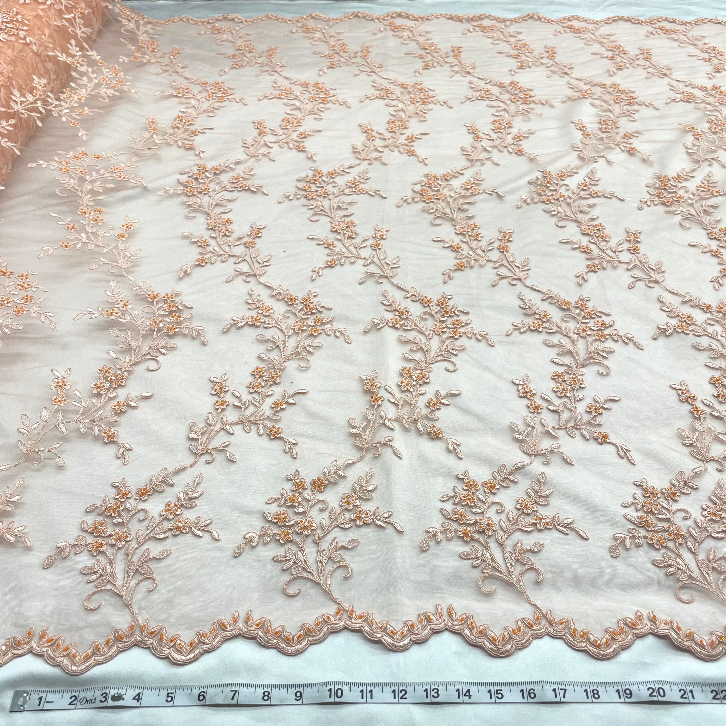 Beaded & Corded Bridal Lace Fabric Embroidered on 100% Polyester Net Mesh | Lace USA