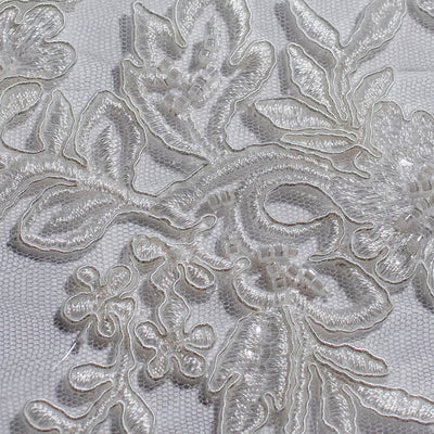 Beaded & Corded Bridal Lace Fabric Embroidered on 100% Polyester Net Mesh | Lace USA