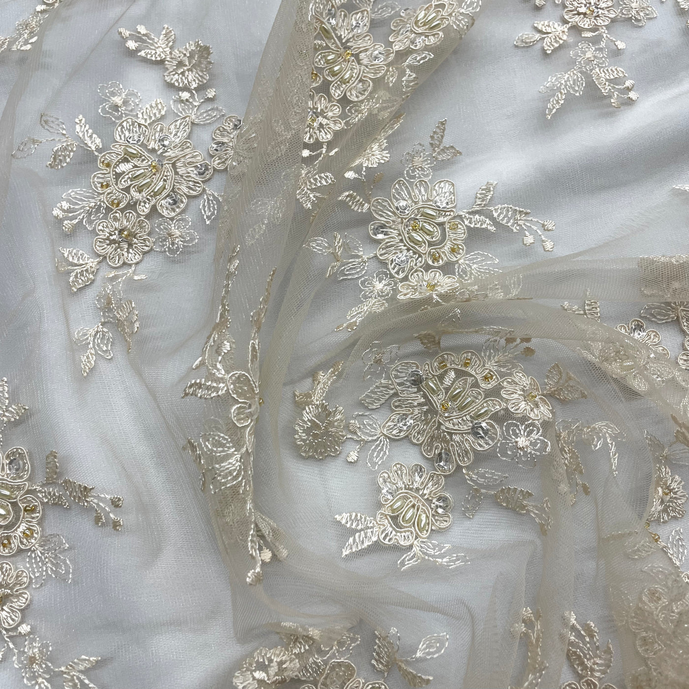 Beaded & Corded Bridal Fabric Lace Embroidered on 100% Polyester Net Mesh | Lace USA