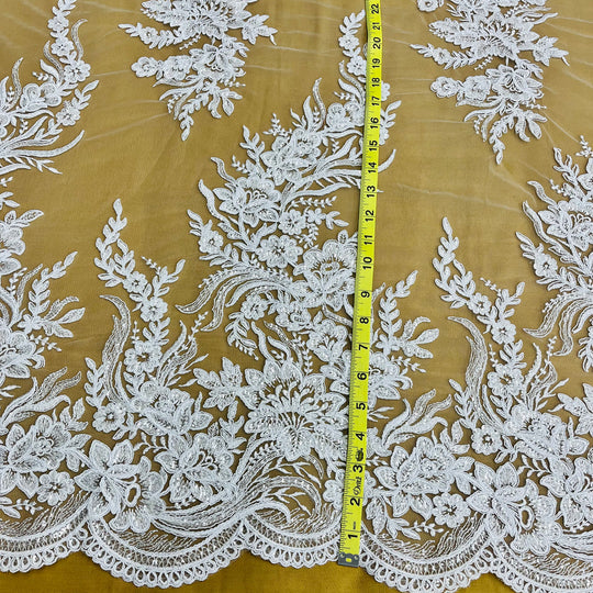 Beaded & Corded Bridal Lace Fabric Embroidered on 100% Polyester Net Mesh | Lace USA