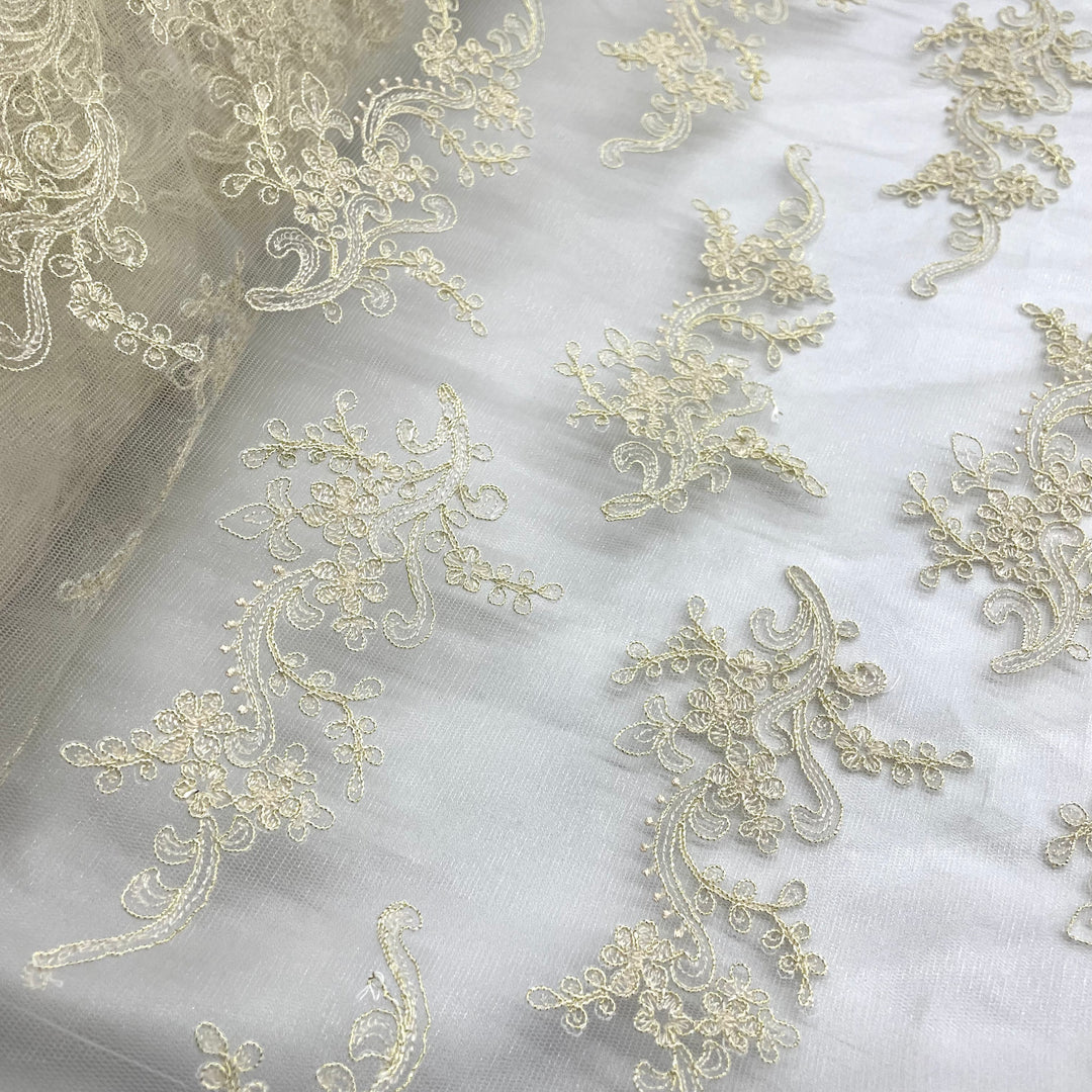 Corded Bridal Lace Fabric Embroidered on 100% Polyester Net Mesh | Lace USA