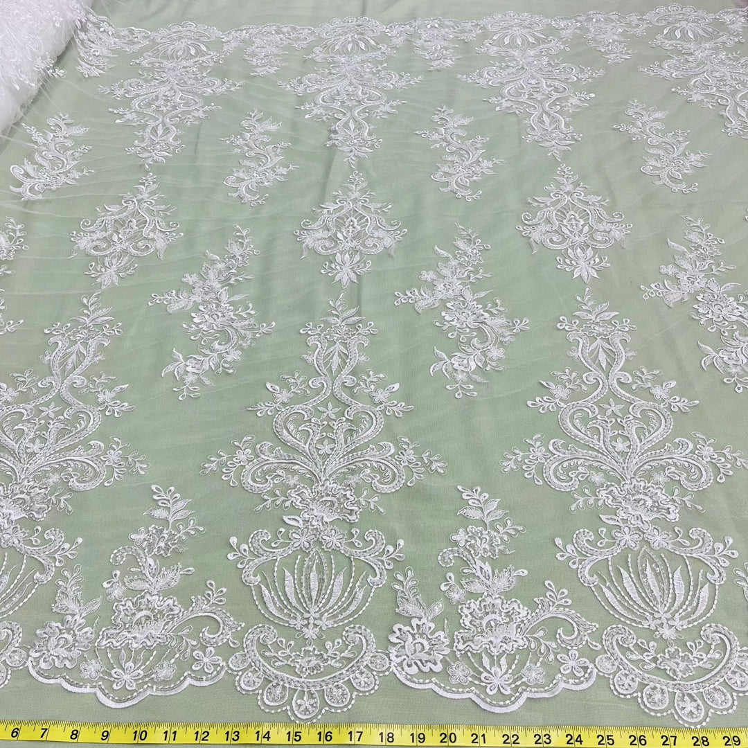 Beaded Lace Fabric Embroidered on 100% Polyester Net Mesh | Lace USA - GD-12186 Ivory