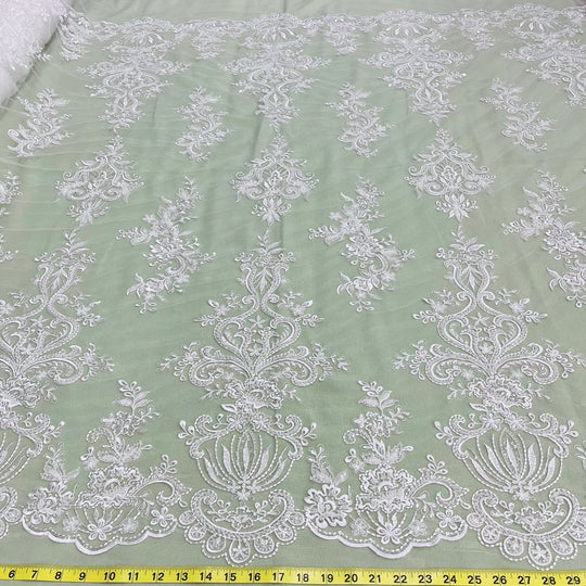 Beaded Lace Fabric Embroidered on 100% Polyester Net Mesh | Lace USA - GD-12186 Ivory