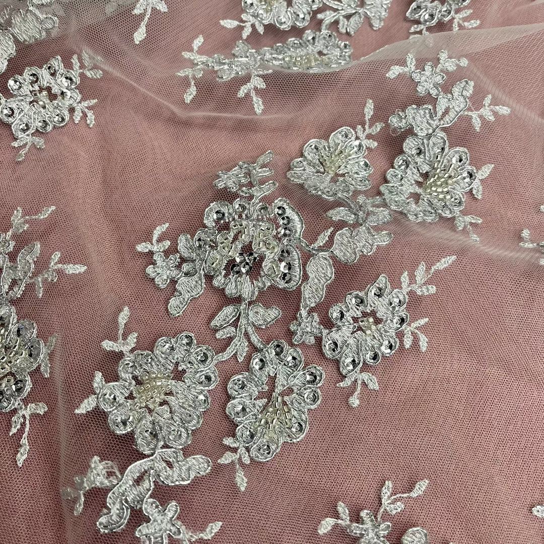 Beaded & Corded Bridal Lace Fabric Embroidered on 100% Polyester Net Mesh | Lace USA