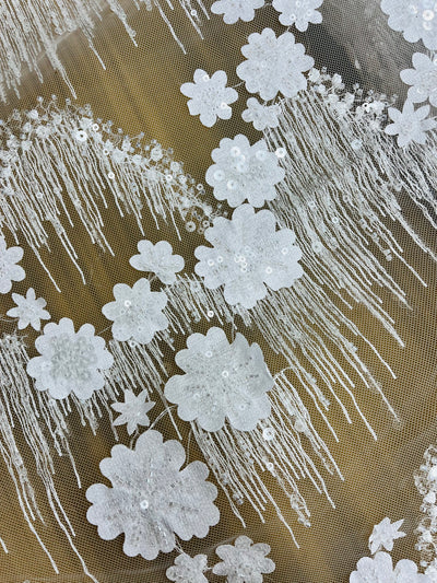 Beaded 3D Floral Lace Fabric Embroidered on 100% Polyester Net Mesh | Lace USA