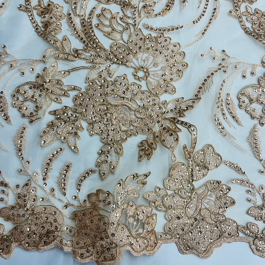 Beaded & Corded Bridal Lace Fabric Embroidered on 100% Polyester Net Mesh | Lace USA