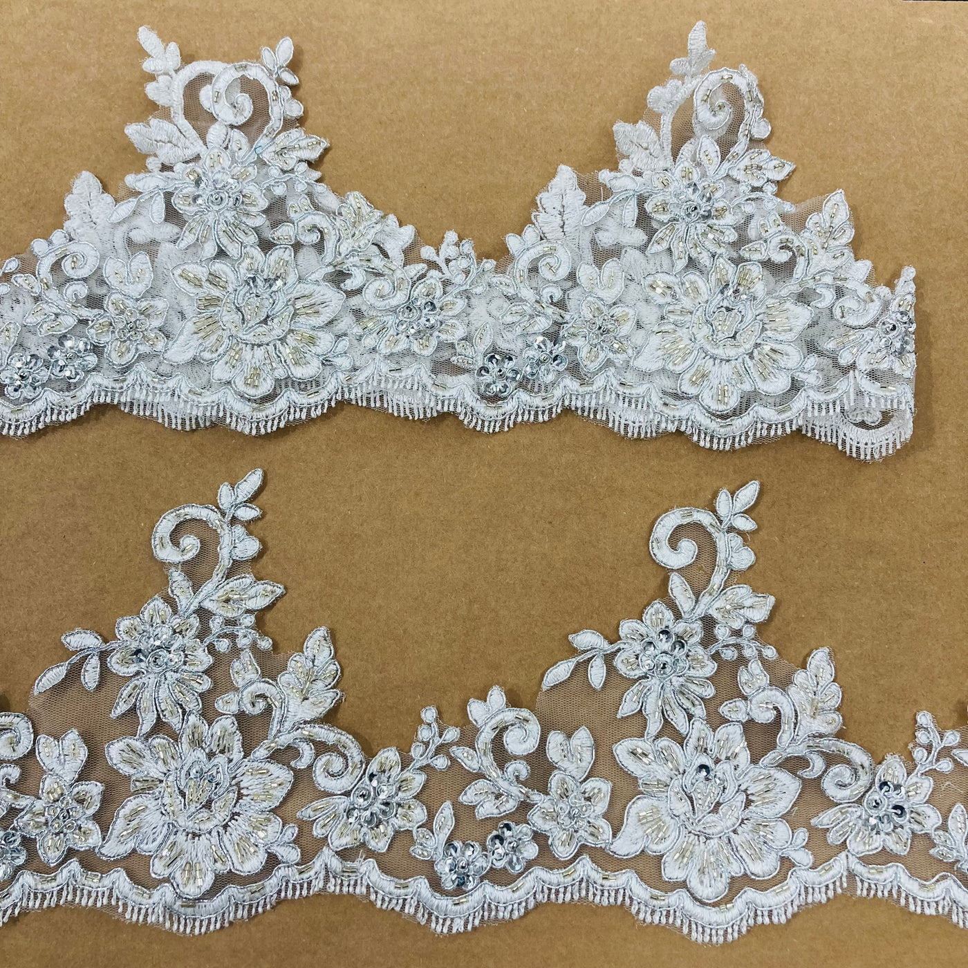 Corded & Beaded Floral Lace Trimming Embroidered on 100% Polyester Net Mesh. Lace Usa