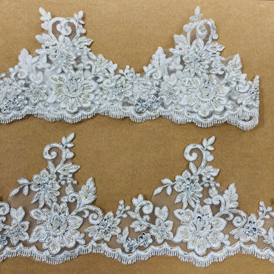 Corded & Beaded Floral Lace Trimming Embroidered on 100% Polyester Net Mesh. Lace Usa