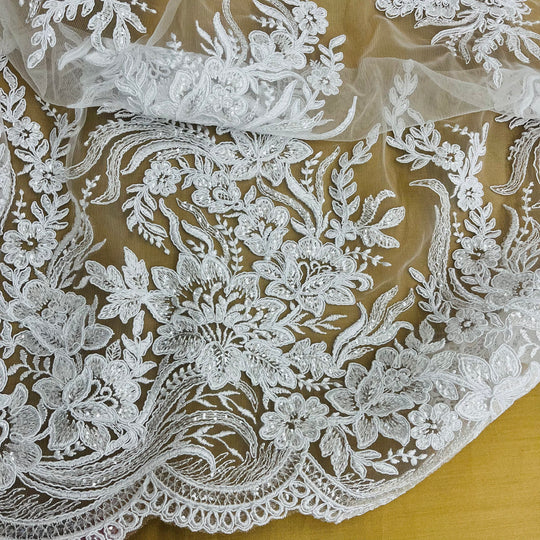 Beaded & Corded Bridal Lace Fabric Embroidered on 100% Polyester Net Mesh | Lace USA