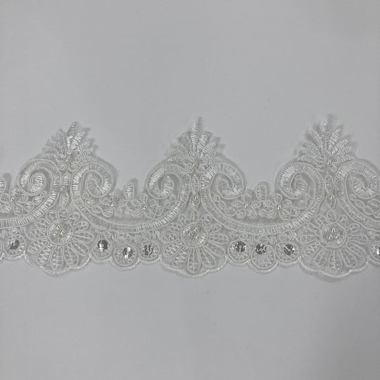 Beaded & Corded Lace Trimming Embroidered on 100% Polyester Net Mesh. Lace Usa