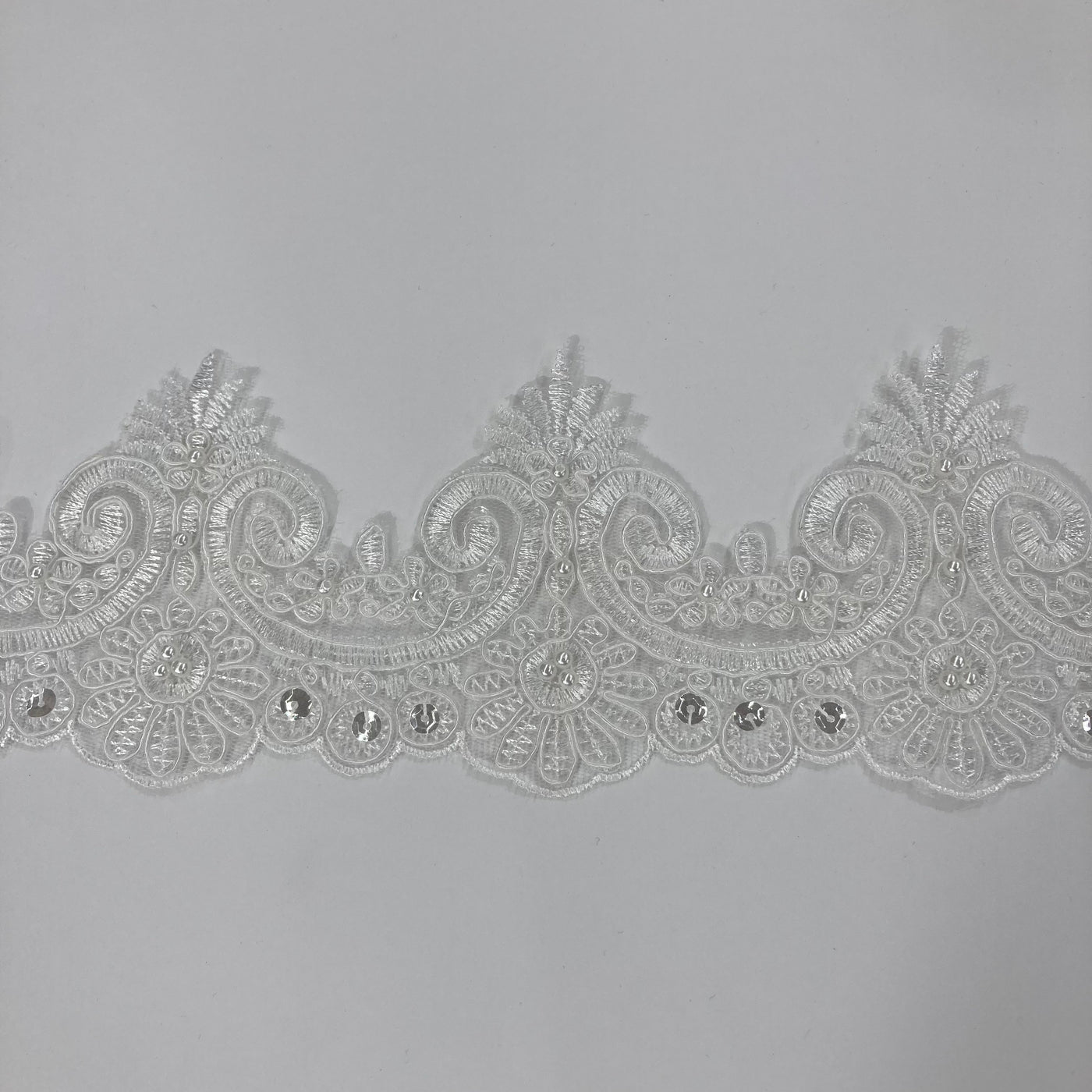 Beaded & Corded Lace Trimming Embroidered on 100% Polyester Net Mesh. Lace Usa