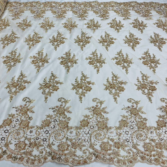 Beaded & Corded Bridal Lace Fabric Embroidered on 100% Polyester Net Mesh | Lace USA