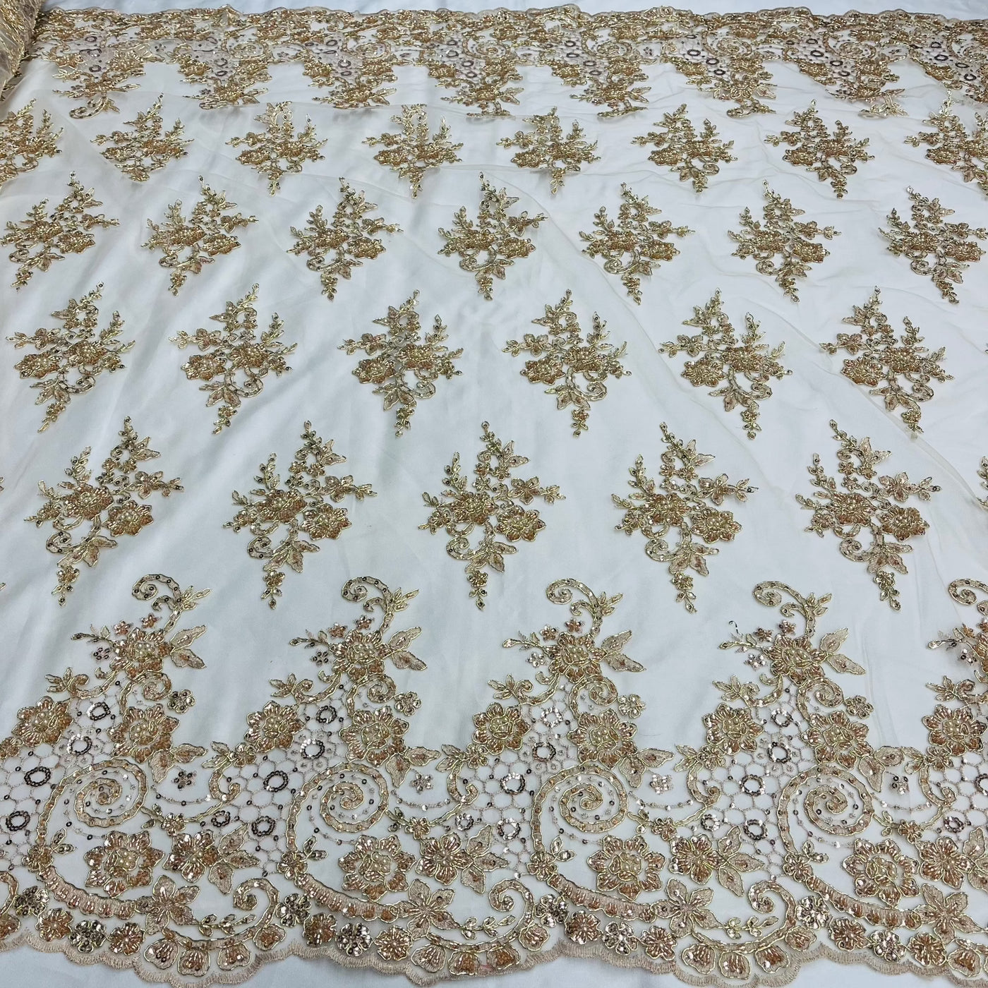 Beaded & Corded Bridal Lace Fabric Embroidered on 100% Polyester Net Mesh | Lace USA