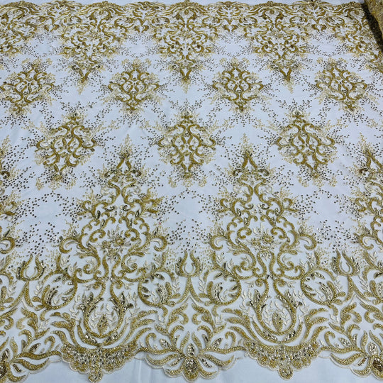 Beaded & Corded Gold Bridal Lace Fabric Embroidered on 100% Polyester Net Mesh | Lace USA