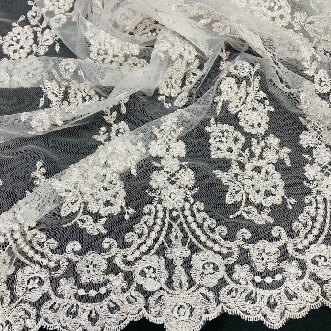 Beaded & Corded Lace Fabric Embroidered on 100% Polyester Net Mesh | Lace USA