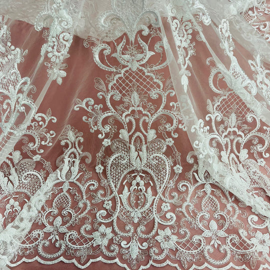 Beaded & Sequined Lace Fabric Embroidered on 100% Polyester Net Mesh | Lace USA