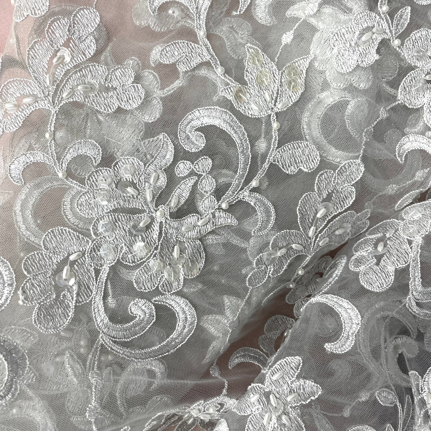 Beaded & Corded Bridal Fabric Lace Embroidered on 100% Polyester Net Mesh | Lace USA