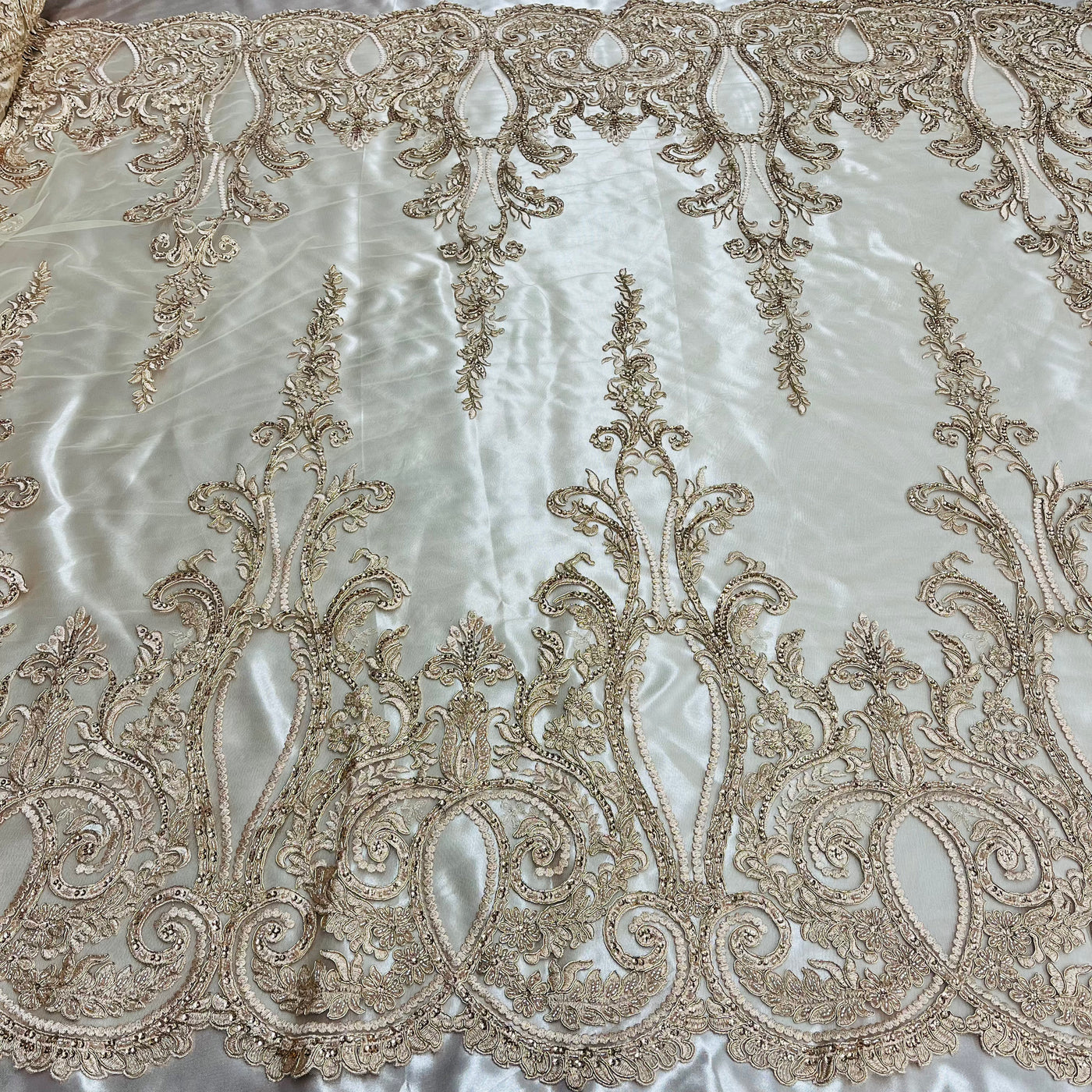 Beaded & Corded Bridal Lace Fabric Embroidered on 100% Polyester Net Mesh | Lace USA