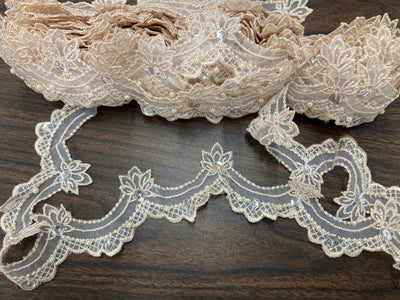 Beaded Blush Lace Trim Embroidered on 100% Polyester Organza . Large Arch Scalloped Trim. Formal Trim. Perfect for Edging and Gowns.  Sold by the Yard.  Lace Usa