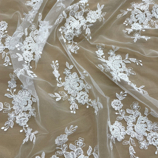 Beaded & Corded Bridal Fabric Lace Embroidered on 100% Polyester Net Mesh | Lace USA