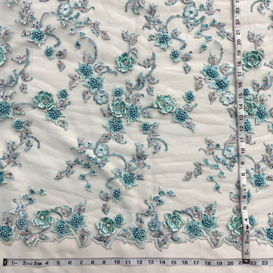 Beaded 3D Floral Lace Fabric Embroidered on 100% Polyester Net Mesh | Lace USA