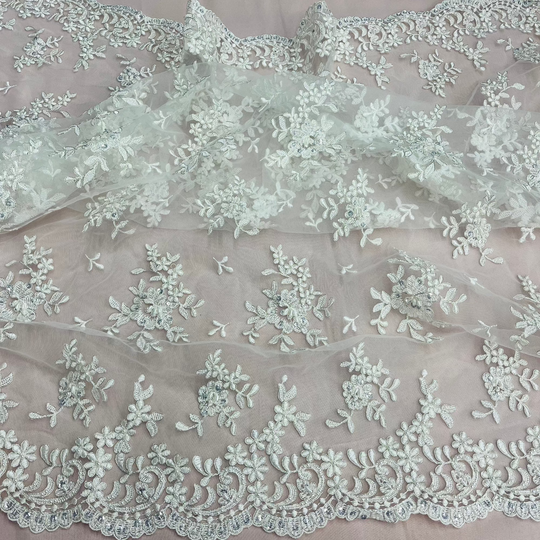 Beaded & Corded Bridal Lace Fabric Embroidered on 100% Polyester Net Mesh | Lace USA - 91436W-BP